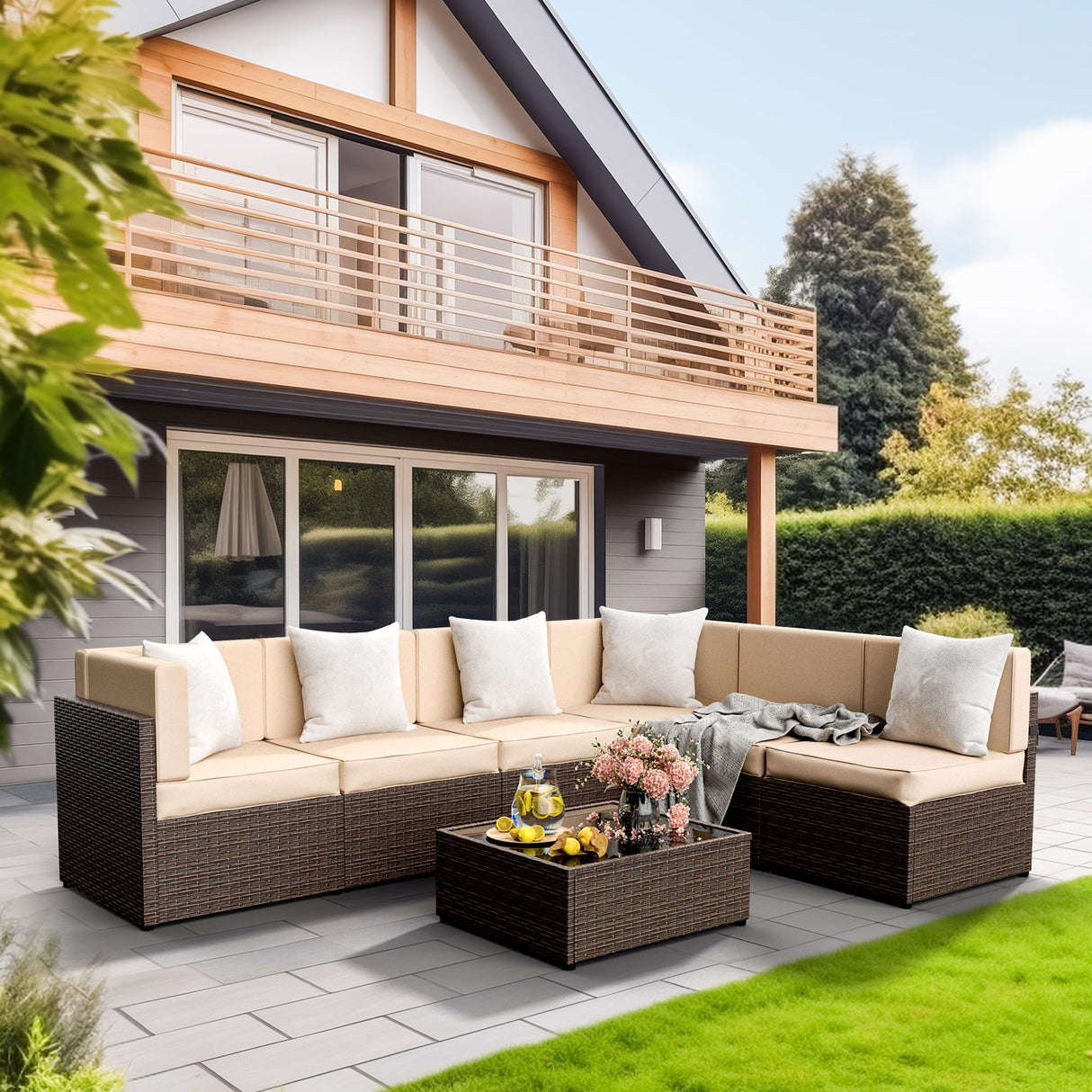 7 Piece Modular Outdoor Sectional, UV Protection Rattan Patio Sectional with Coffee Table