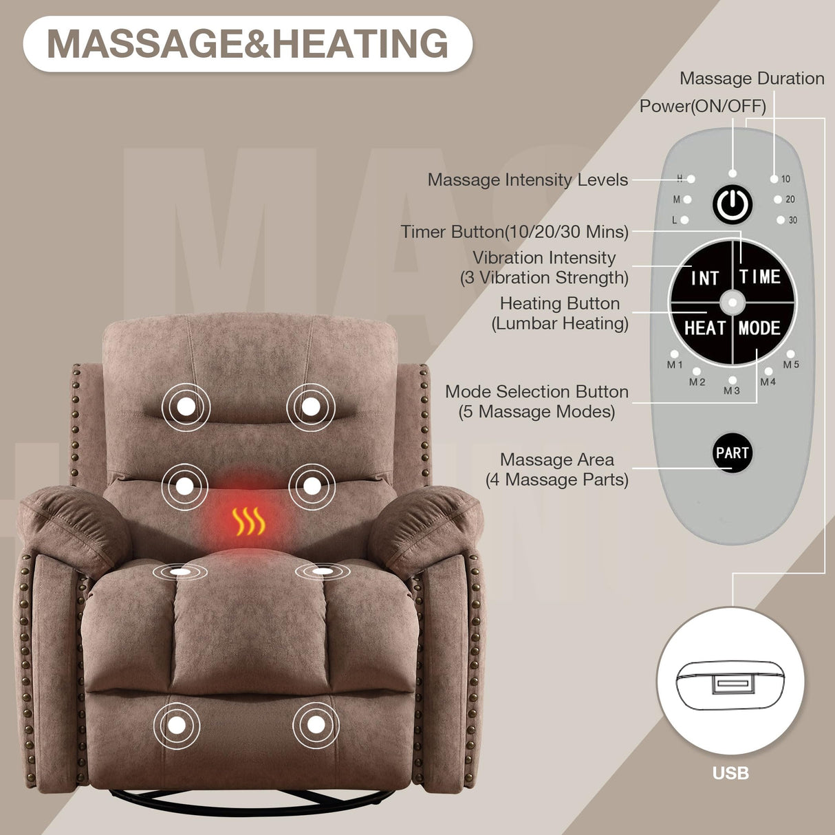 ErgoGlide 360° Swivel Recliner Chair with Heat & Massage – Vibration Zones, Side Pockets