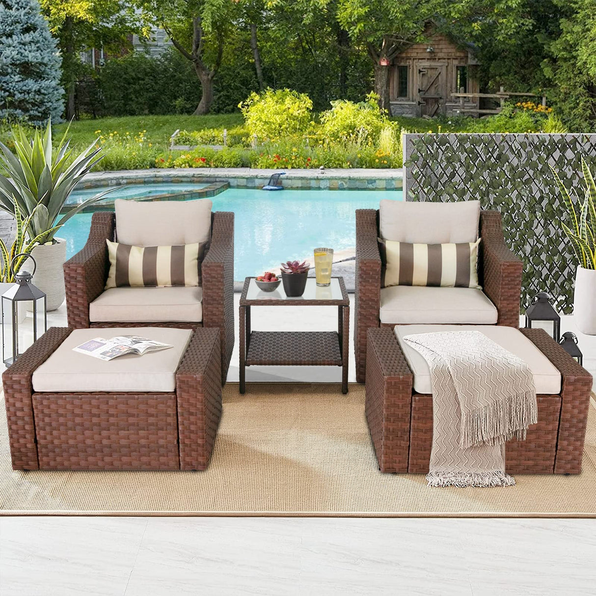 5 Piece Patio Conversation Set Outdoor Furniture Set, Brown Wicker Lounge Chair