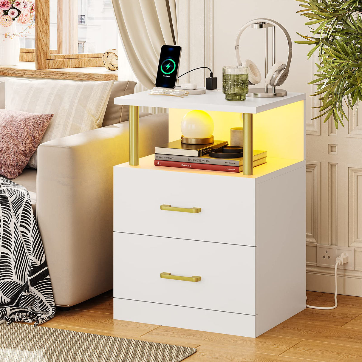 Night Stand with Charging Station and USB Ports, White Night Stand with 2 Drawers