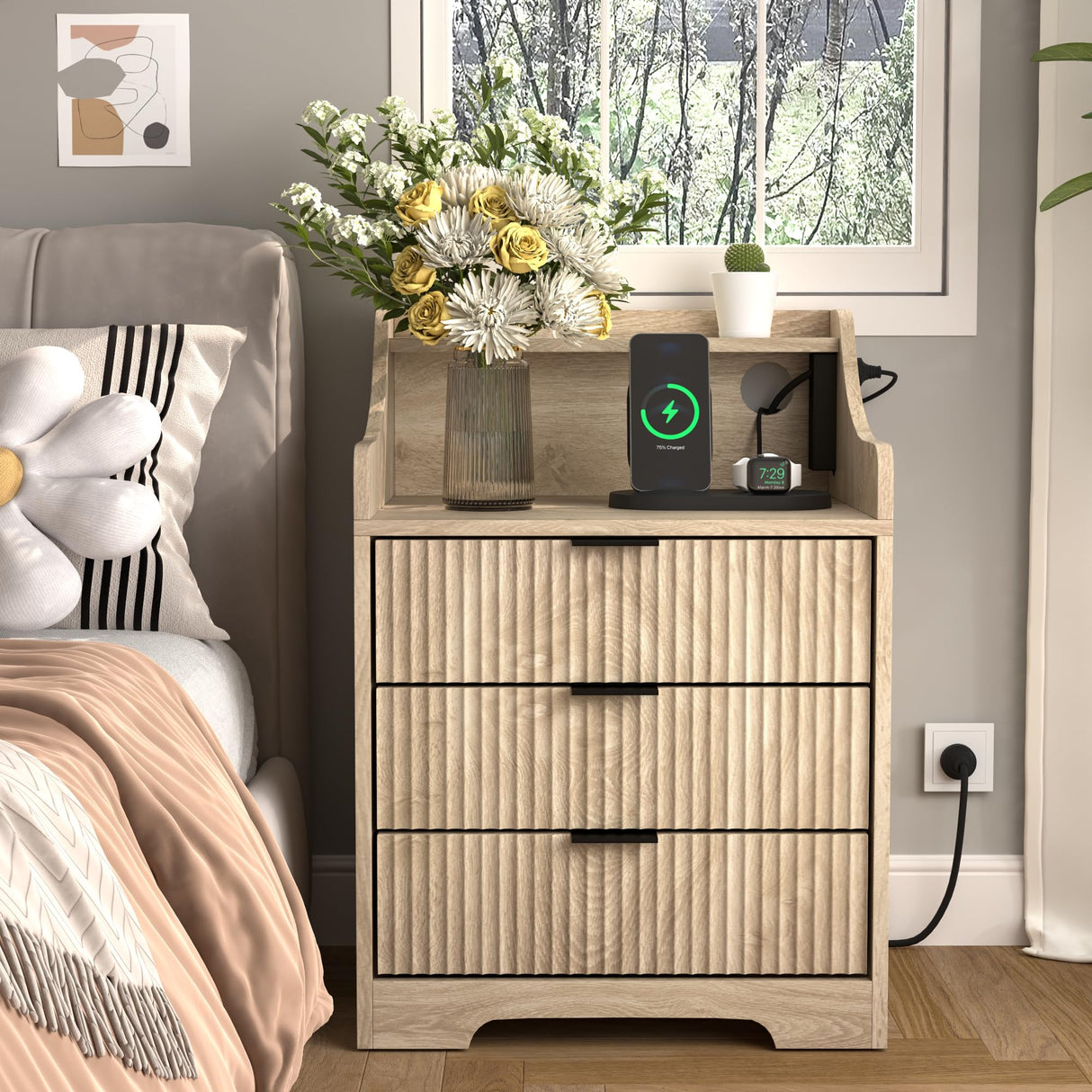 Nightstand with Charging Station Bedside Table Night Stand with 3 Drawer Mid-Century