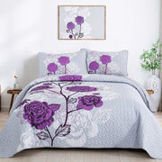 Purple Quilt Set Queen Size,Elegant Purple Floral Printed Bedspread Coverlet