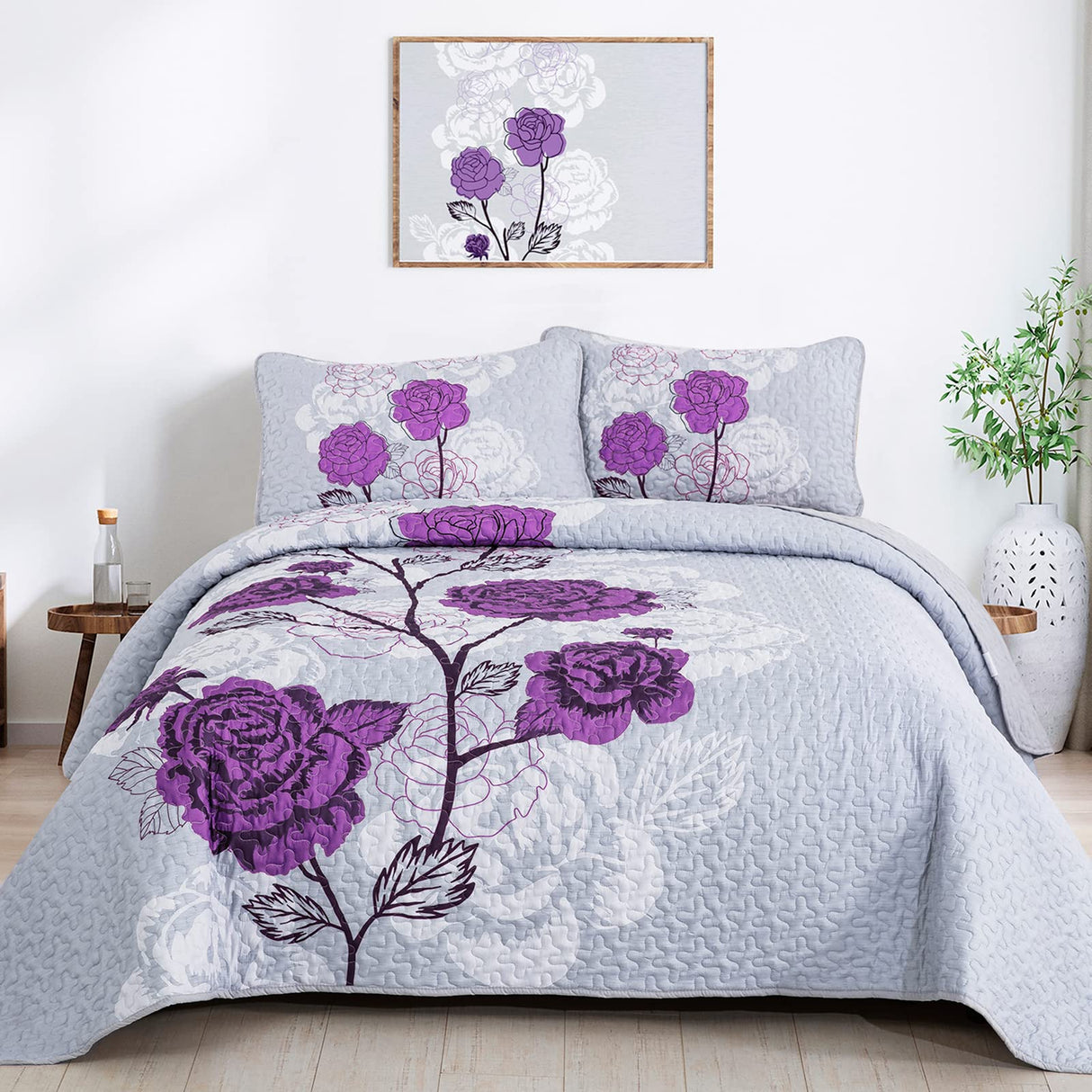 Purple Quilt Set Queen Size,Elegant Purple Floral Printed Bedspread Coverlet