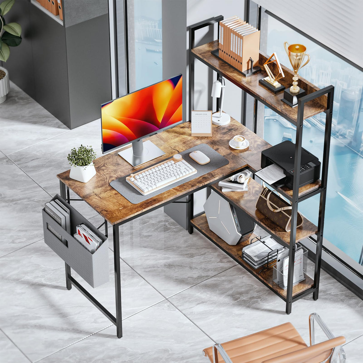 40 Inch Small L Shaped Computer Desk with Storage Shelves, Home Office Corner Reversible Desk Study