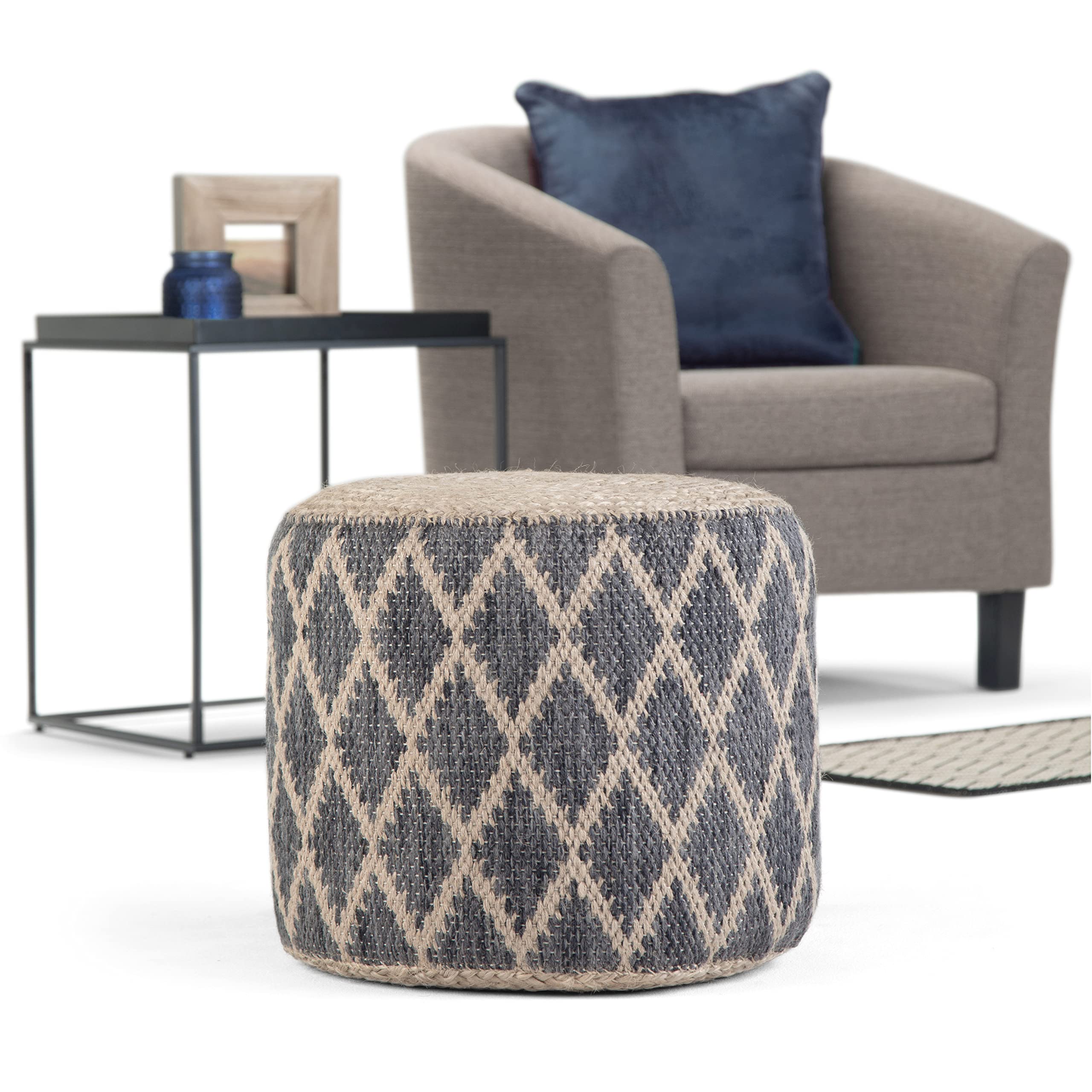 Edgeley Round Pouf, Footstool, Upholstered in Grey, Natural Woven Braided Jute