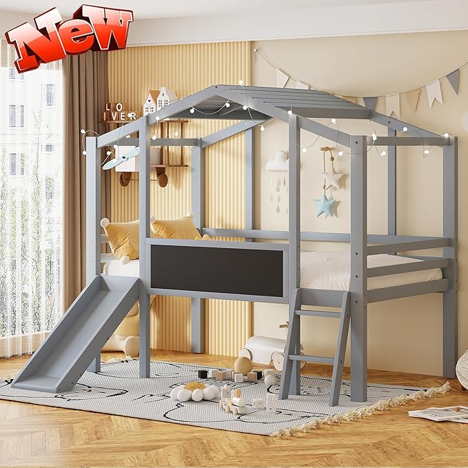 Kids House Loft Bed with Slide, Twin Size Low Loft Bed with LED Lights & Blackboard
