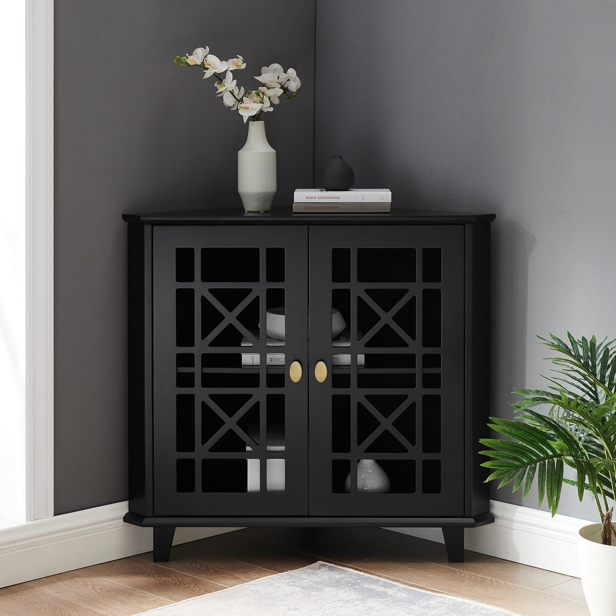 Ronne 2 Door Corner Accent Table with Fretwork Detail, 32 Inch, Black