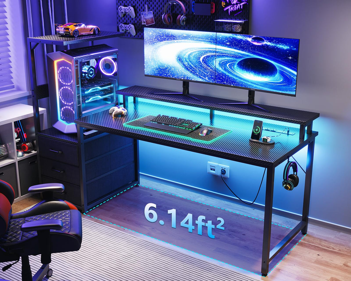 59 Inch Gaming Desk with USB Charging Ports & LED Light- Reversible Computer Desk