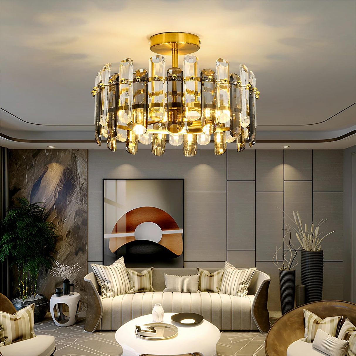 Light Crystal Ceiling Light Fixture Modern Gold Semi Flush Mount Ceiling Light Metal Close