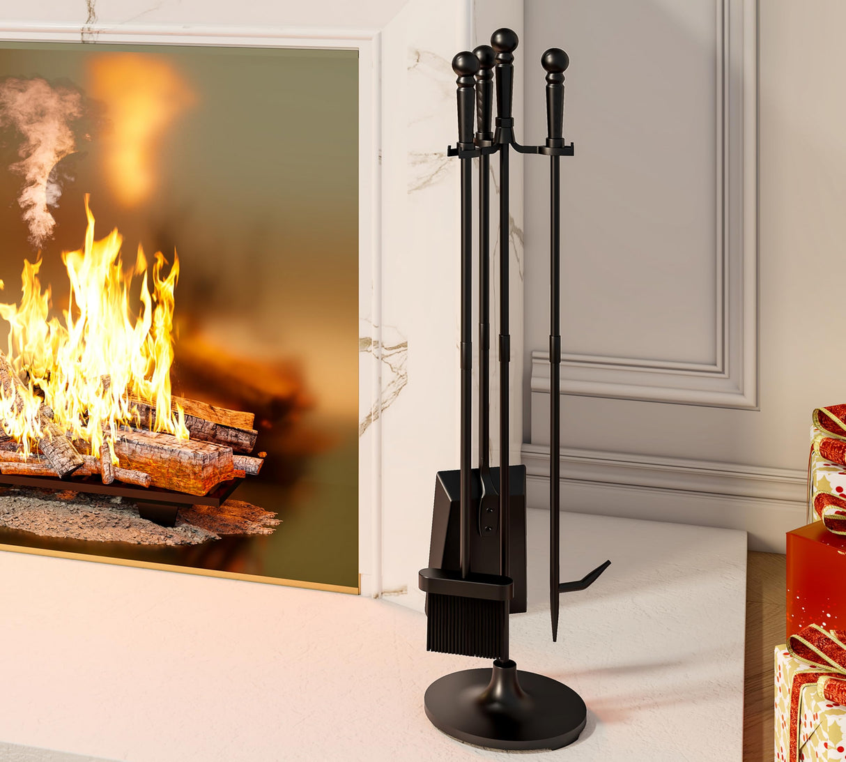 Fireplace Tools Set 4 Pieces Black Wrought Iron Fire Tool Set