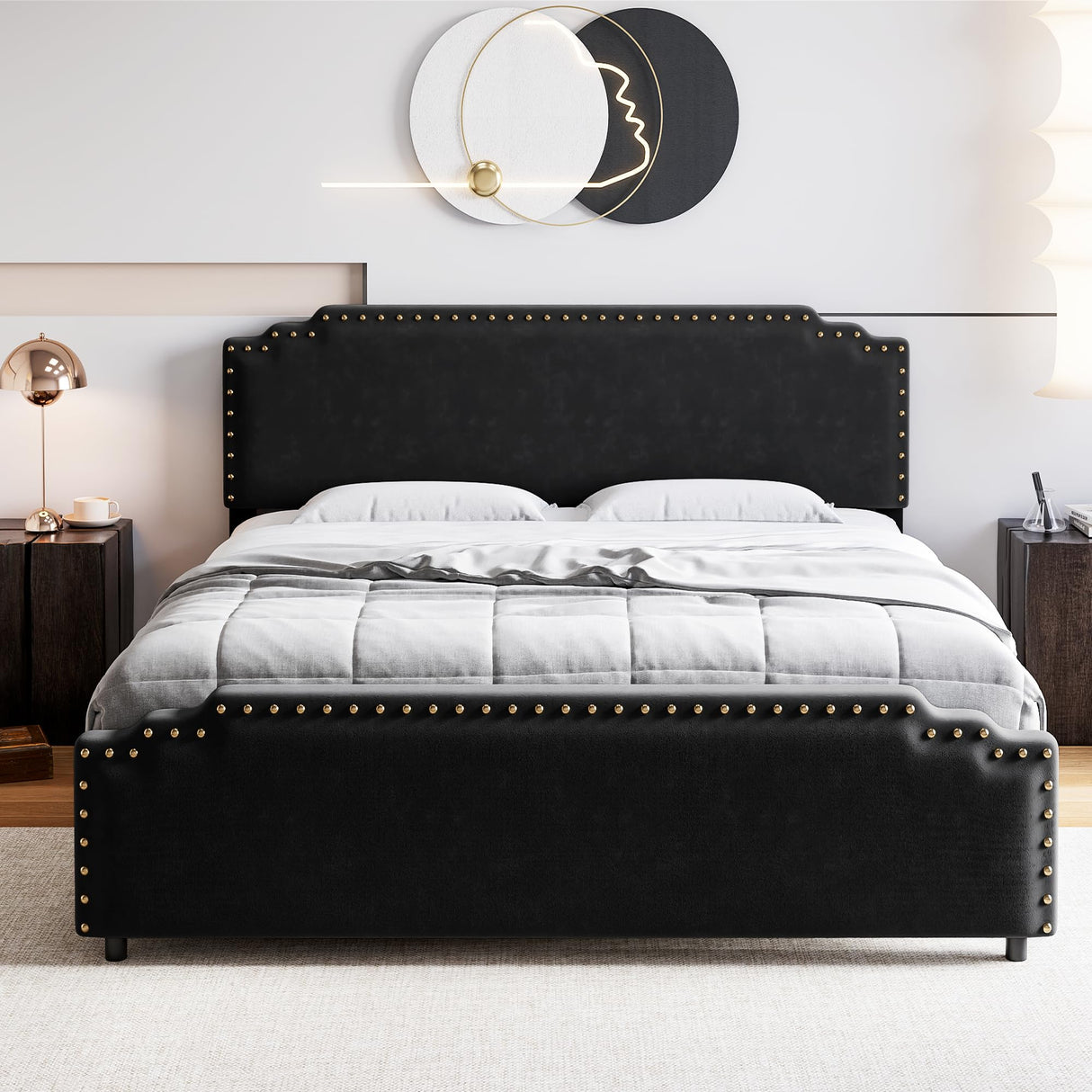 Queen Size Bed Frame with Headboard, Velvet Upholstered Platform Bed