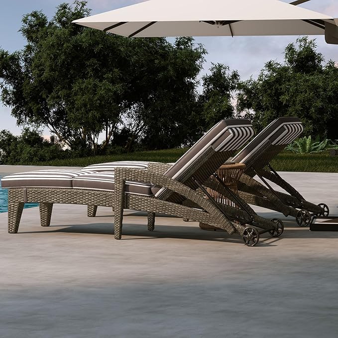 Patio Chaise Lounge Set of 2, Outdoor Wicker Chaise Lounges with Wheels