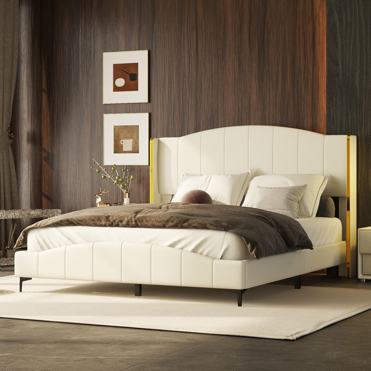 Queen Size PU Leather Upholstered Platform Bed, Headboard with Wingback