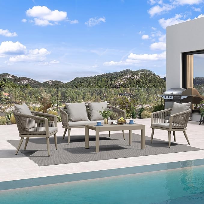 4-Piece Wicker Patio Conversation Set Aluminum Rattan Sofa Patio Furniture Set