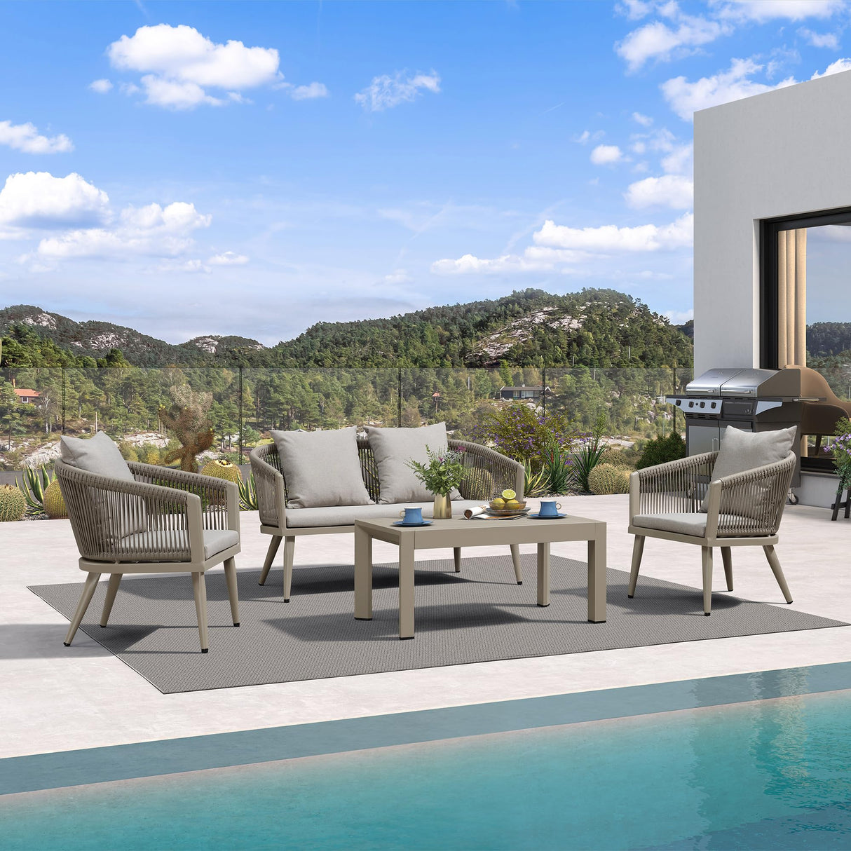 4-Piece Wicker Patio Conversation Set Aluminum Rattan Sofa Patio Furniture Set