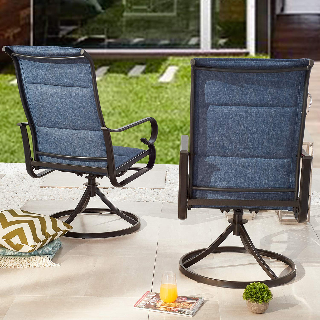 Patio Dining Chairs High Back Outdoor Swivel Rocker Set with All Weather Frame (Blue