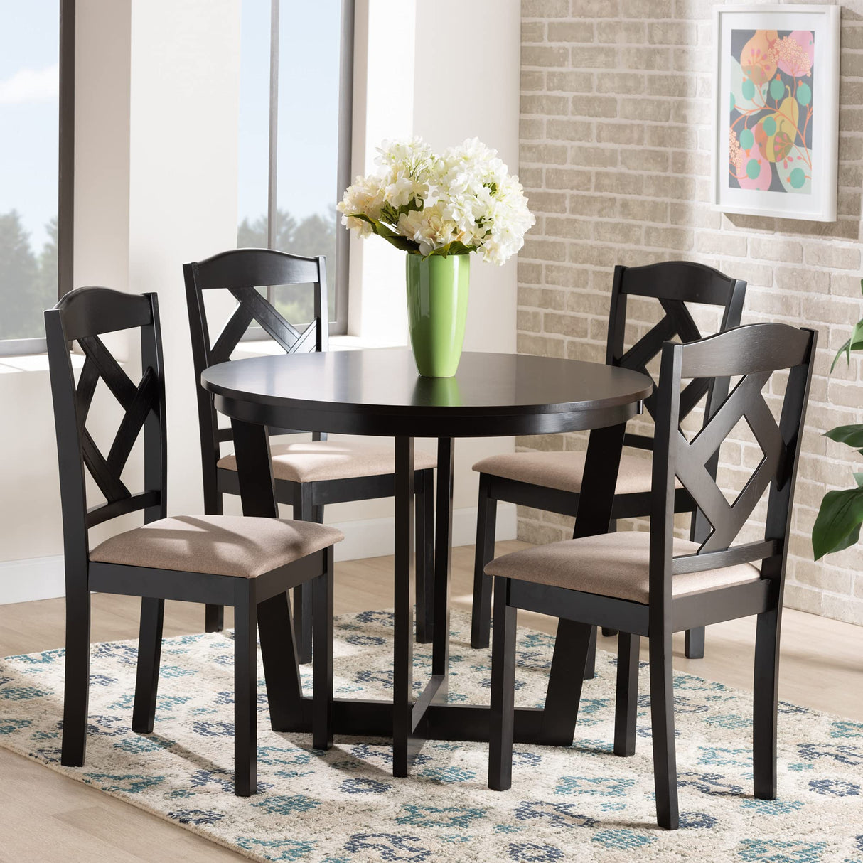 Morigan Sand Fabric Upholstered and Dark Brown Finished Wood 5-Piece Dining Set