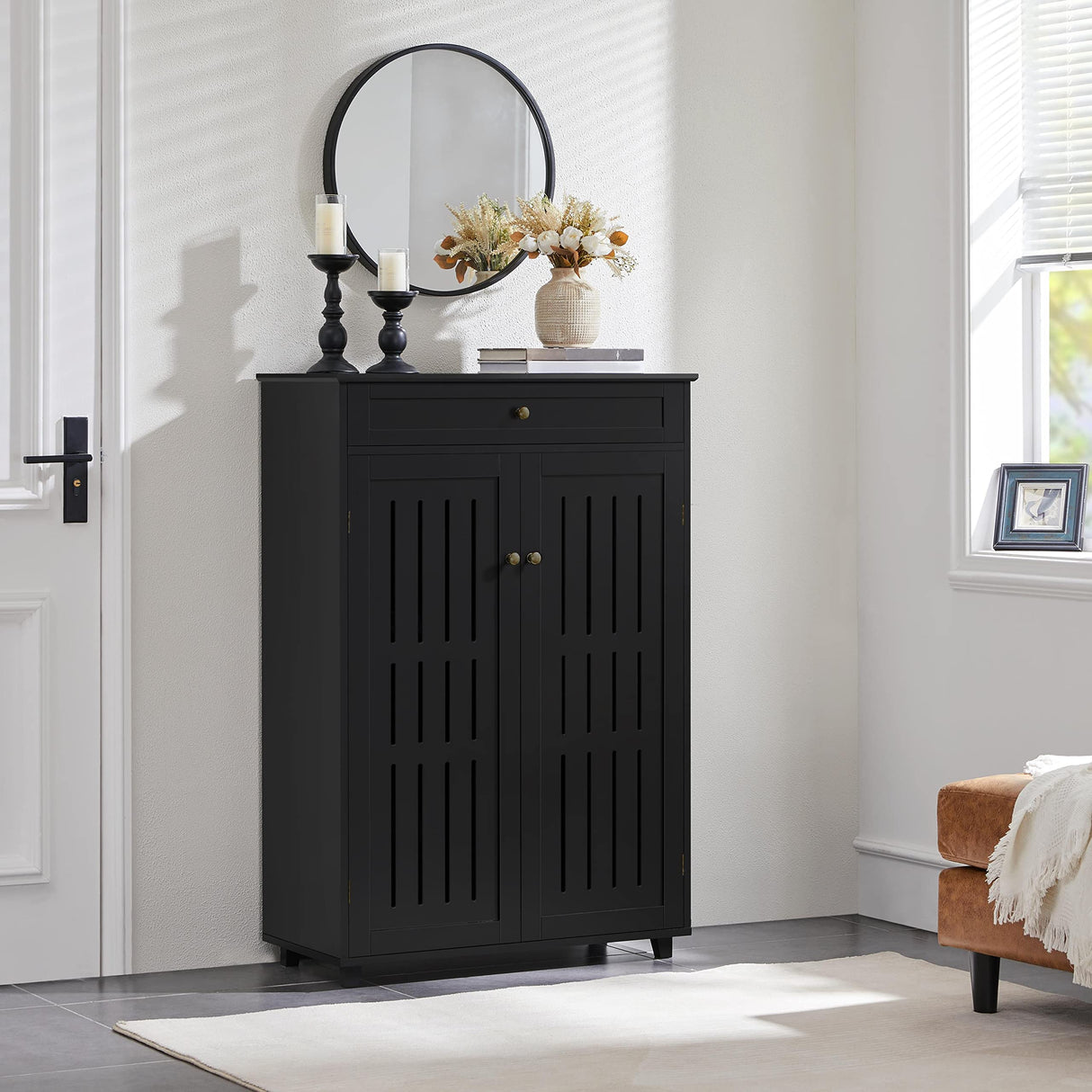 Storage Cabinet Floor Storage Organizer Wooden Cabinet with Drawer 2 Doors for Entryway