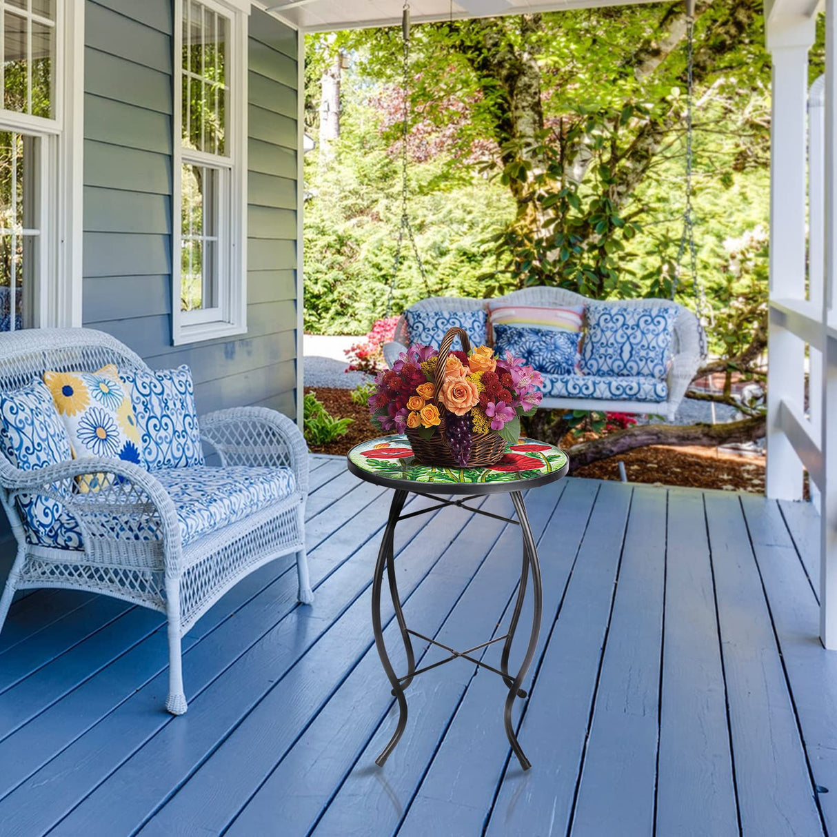 Outdoor Side Table - Small Mosaic Patio Table, 14ā Round Accent End Coffee Table