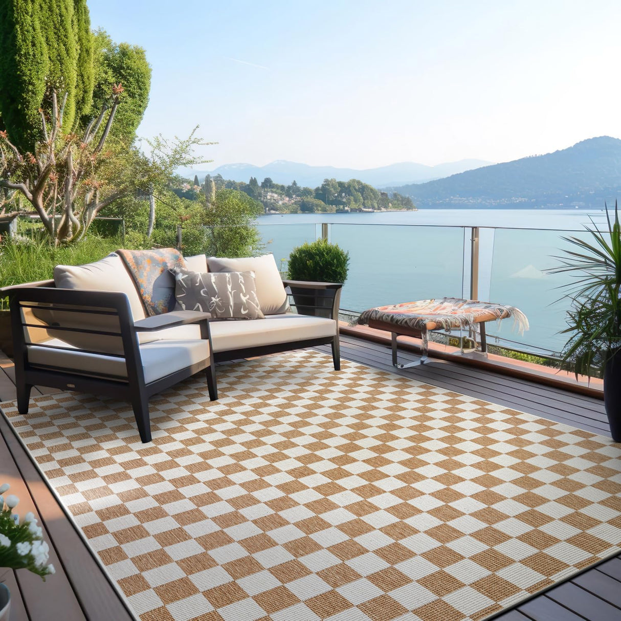 Contemporary Checkered Weather Resistant Reversible Indoor/Outdoor Area Rug 5' x 7' Natural