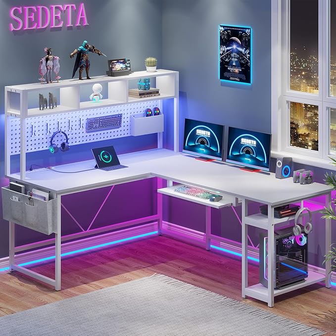 Shaped Gaming Desk, Reversible Computer Desk with Power Outlet and Pegboard