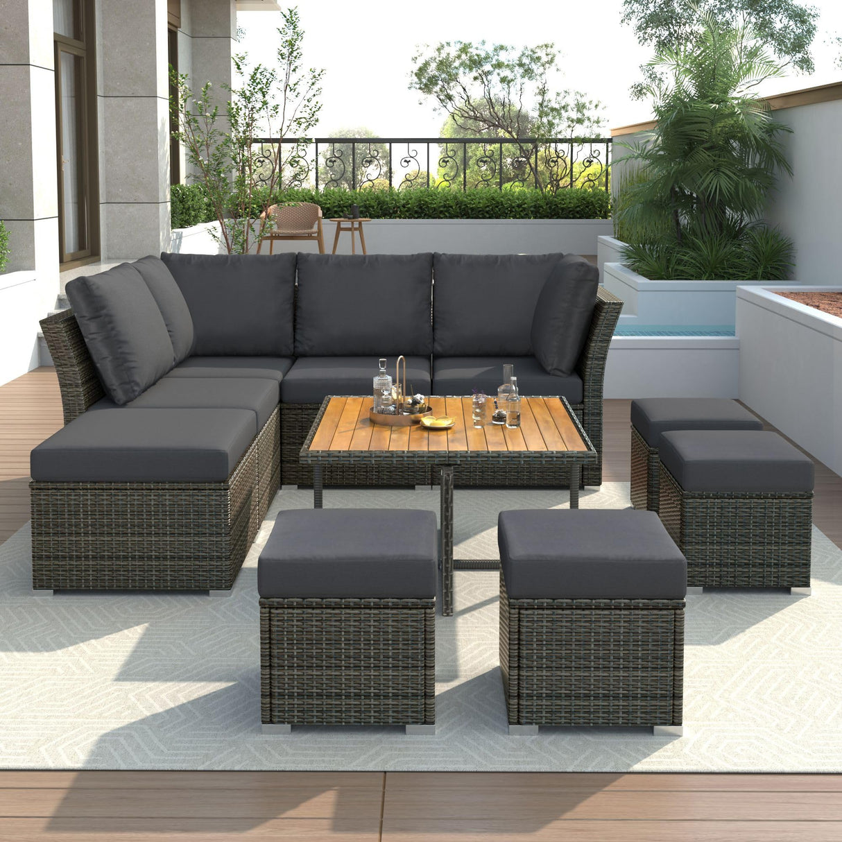 9 Pieces Patio Furniture Set, All Weather Wicker Rattan Outdoor Sectional Sofa Conversation Set