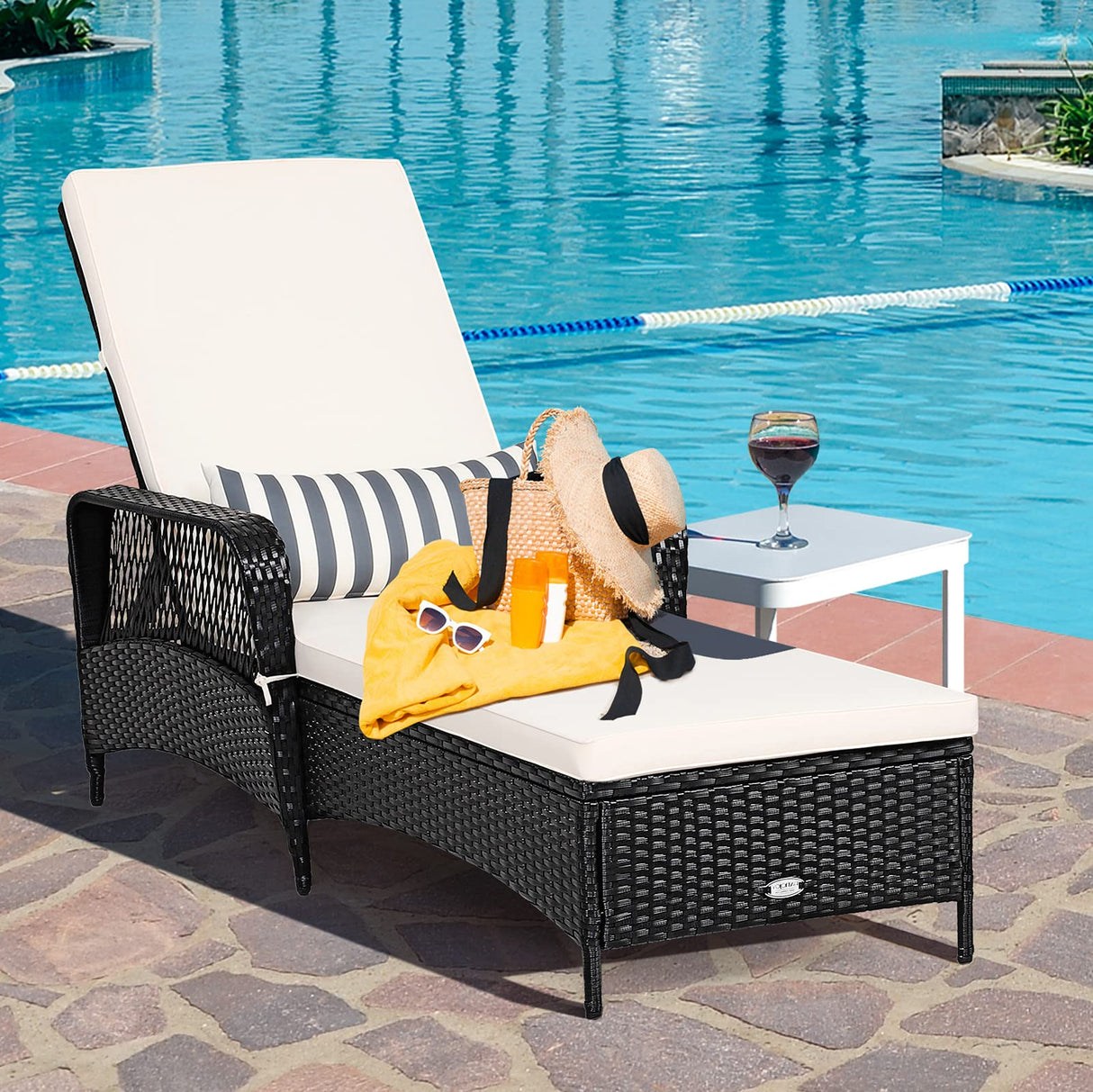 Tangkula Patio Wicker Chaise Lounge Chair, Outdoor Rattan Reclining Chaise w/ 6-Gear Adjustable Backrest, Thick Padded Cushion & Removable Lumbar Pillow, Ideal for Lawn, Beach, Balcony (Black)