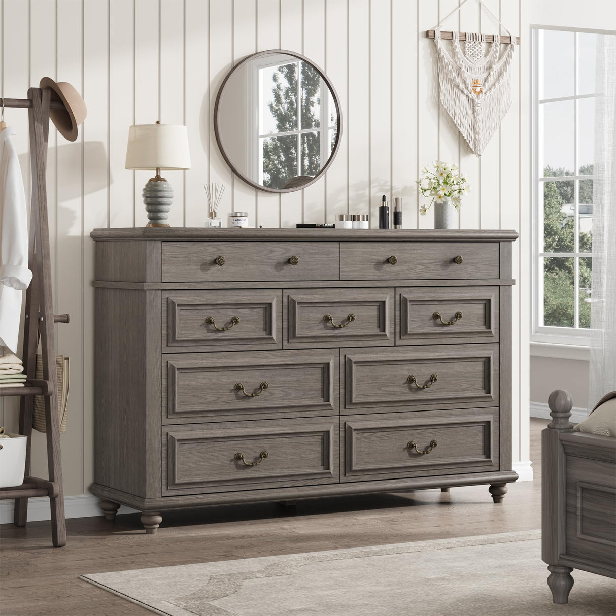 Grey Farmhouse 9 Drawer Dresser for Bedroom - Big Double Wooden Dresser Chest
