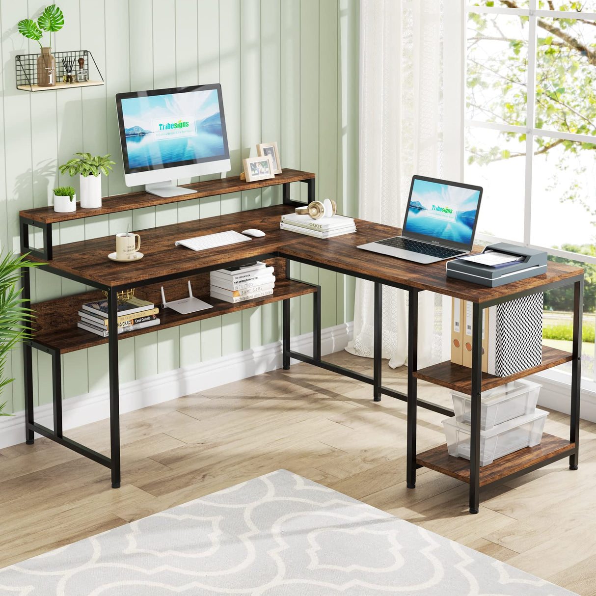 L Shaped Desk with Shelves, 59" Home Office Desk, Reversible Corner Computer Desk
