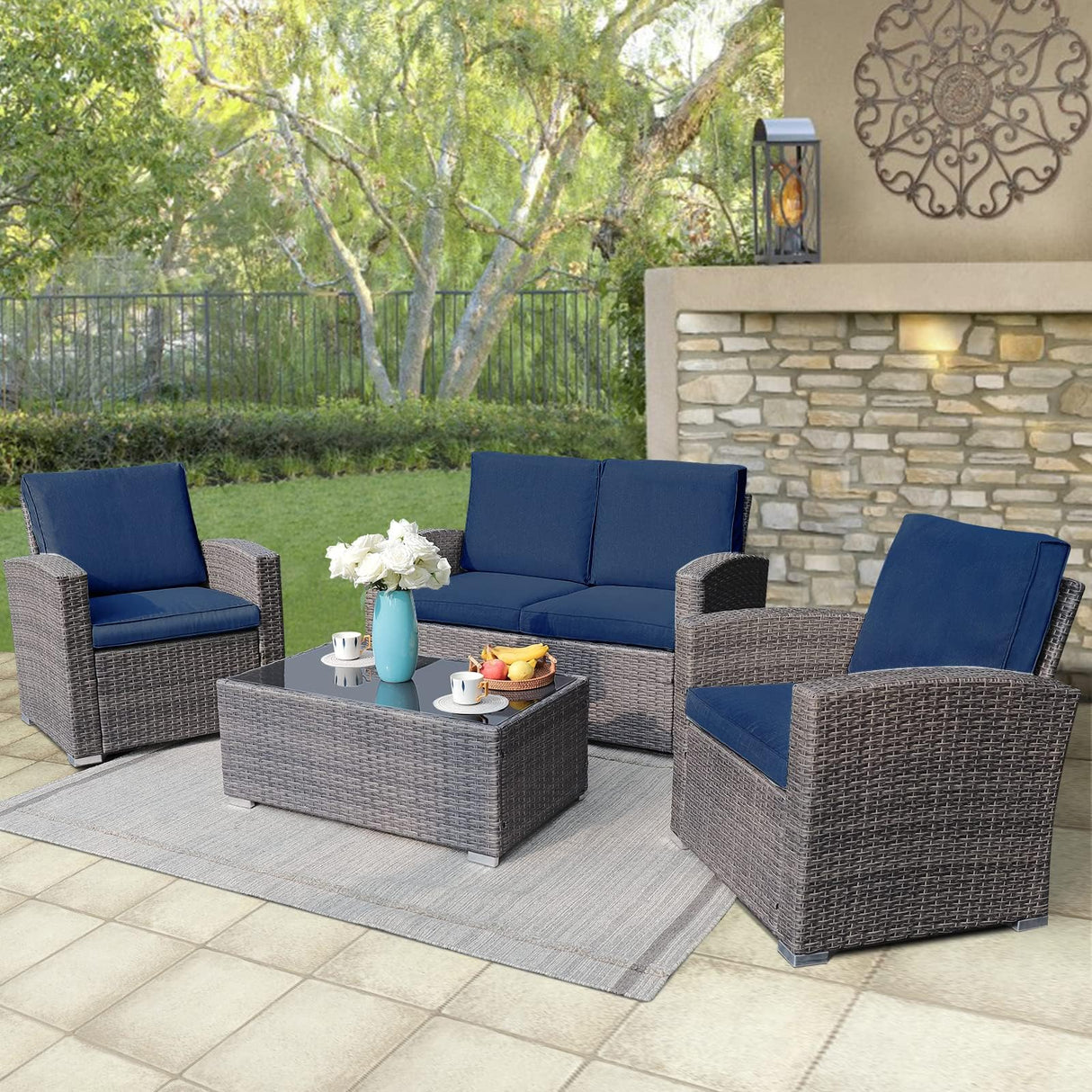 4 Piece Outdoor Patio Furniture Set, All-Weather Wicker Patio Conversation Set