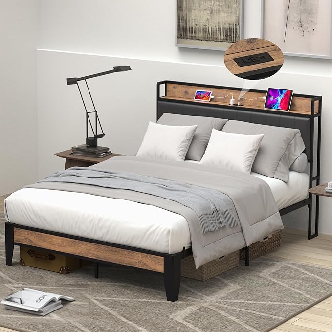 Bed Frame with Storage Headboard, Built-in Charging Station, Easy Assembly, Noise Free,