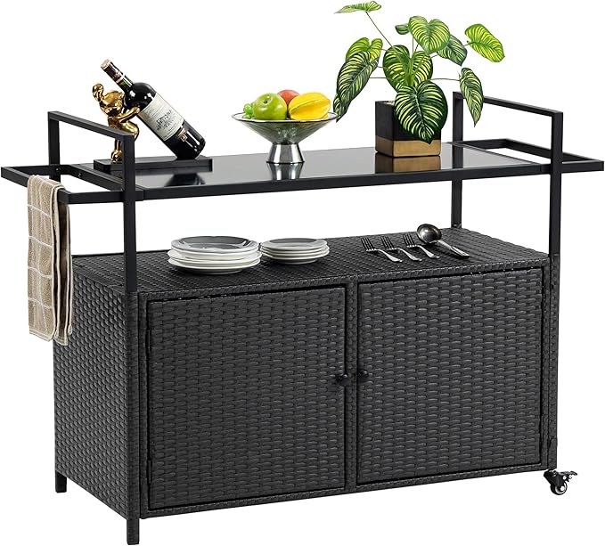 Outdoor Bar Cart Table - Patio Console Storage Cabinet BBQ Grill Carts Buffet with Wheels