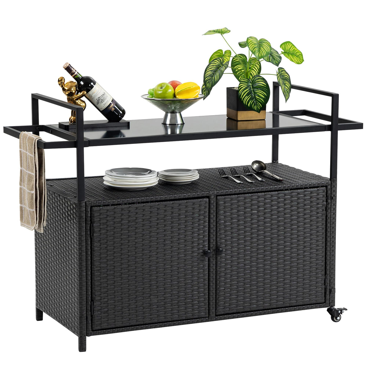 Outdoor Bar Cart Table - Patio Console Storage Cabinet BBQ Grill Carts Buffet with Wheels