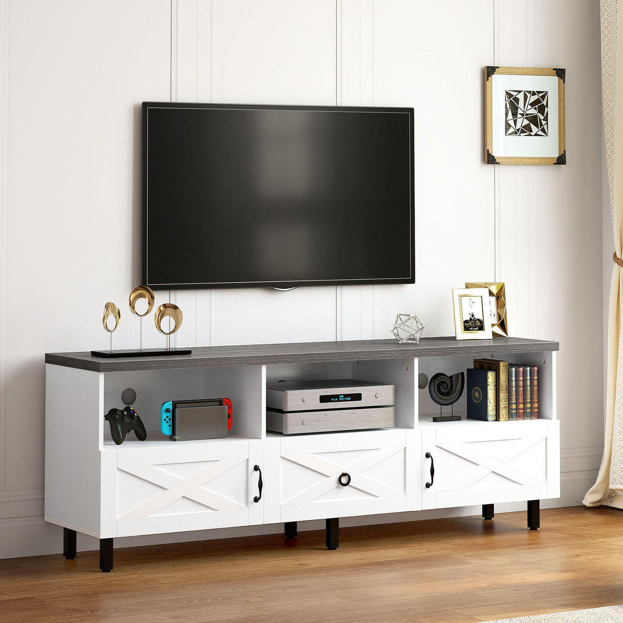 Stand for 75/65 Inch TV, Farmhouse Entertainment Center with Drawers and Storage TV