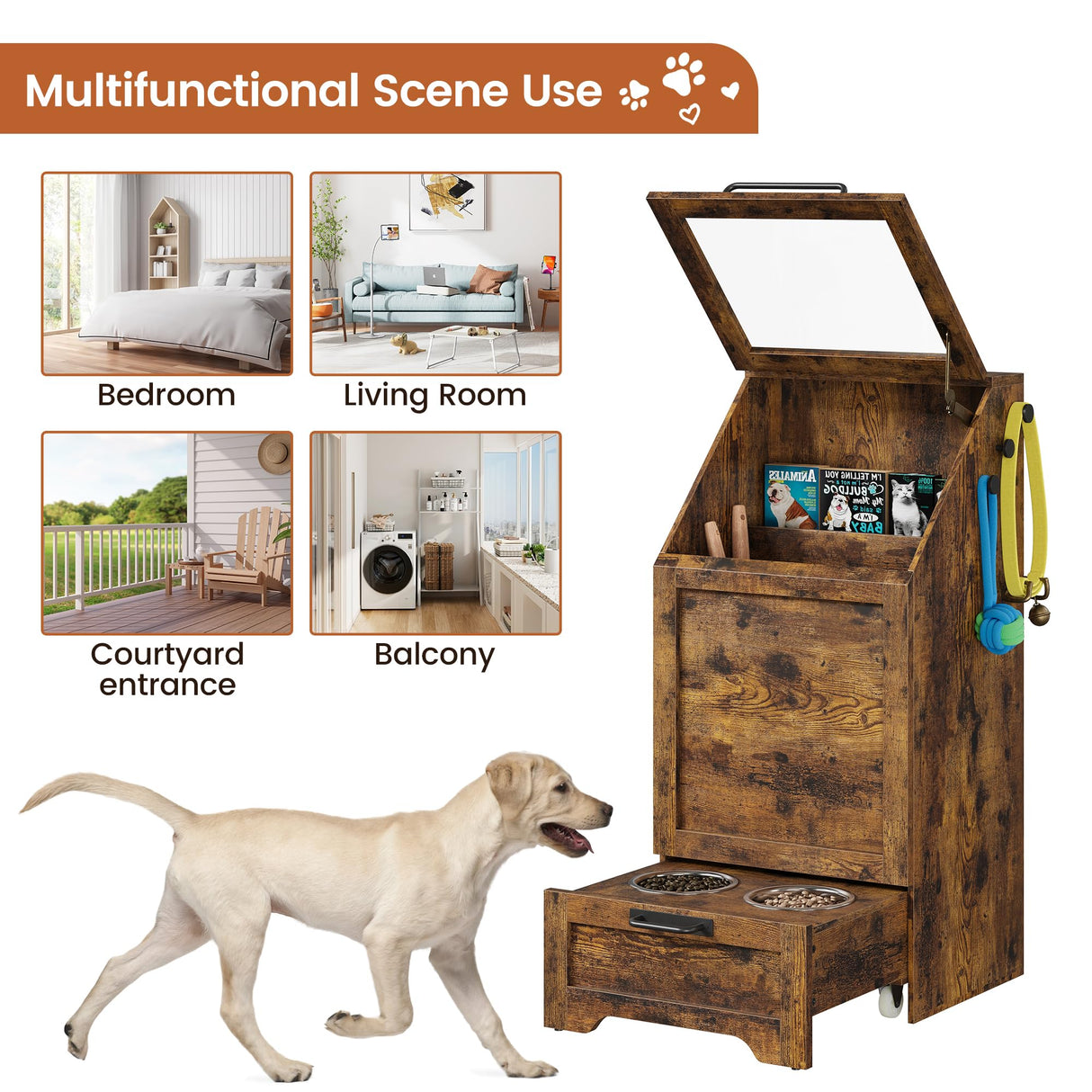Dog Feeding Station with Storage - Elevated Bowls & Food Cabinet