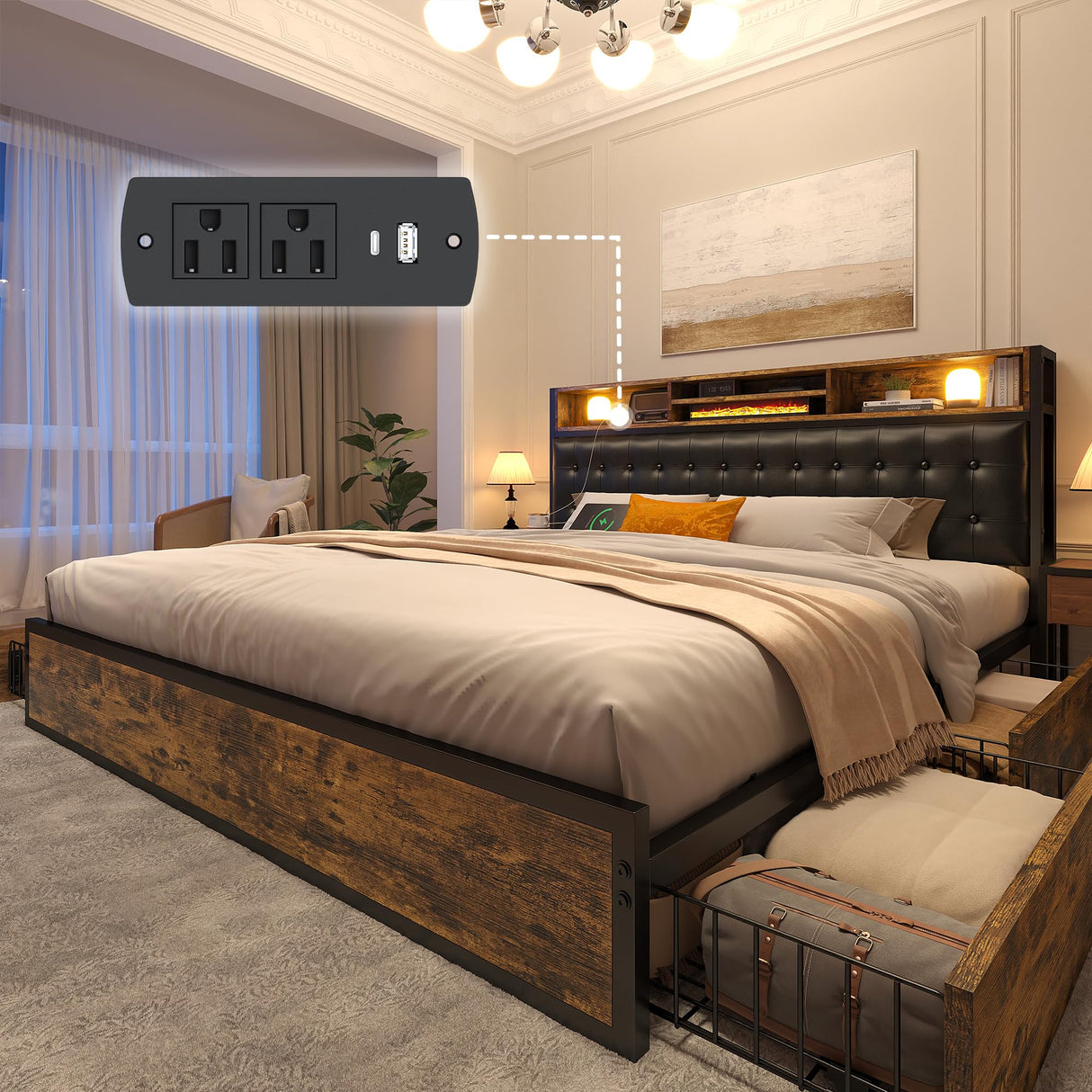 Queen Bed Frame with 4 Drawers Bed Frame Queen Size with Headboard