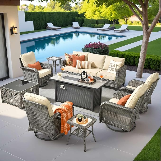 8 Pieces Patio Furniture Set Outdoor Wicker Conversation Sets with Swivel Rocking Chair
