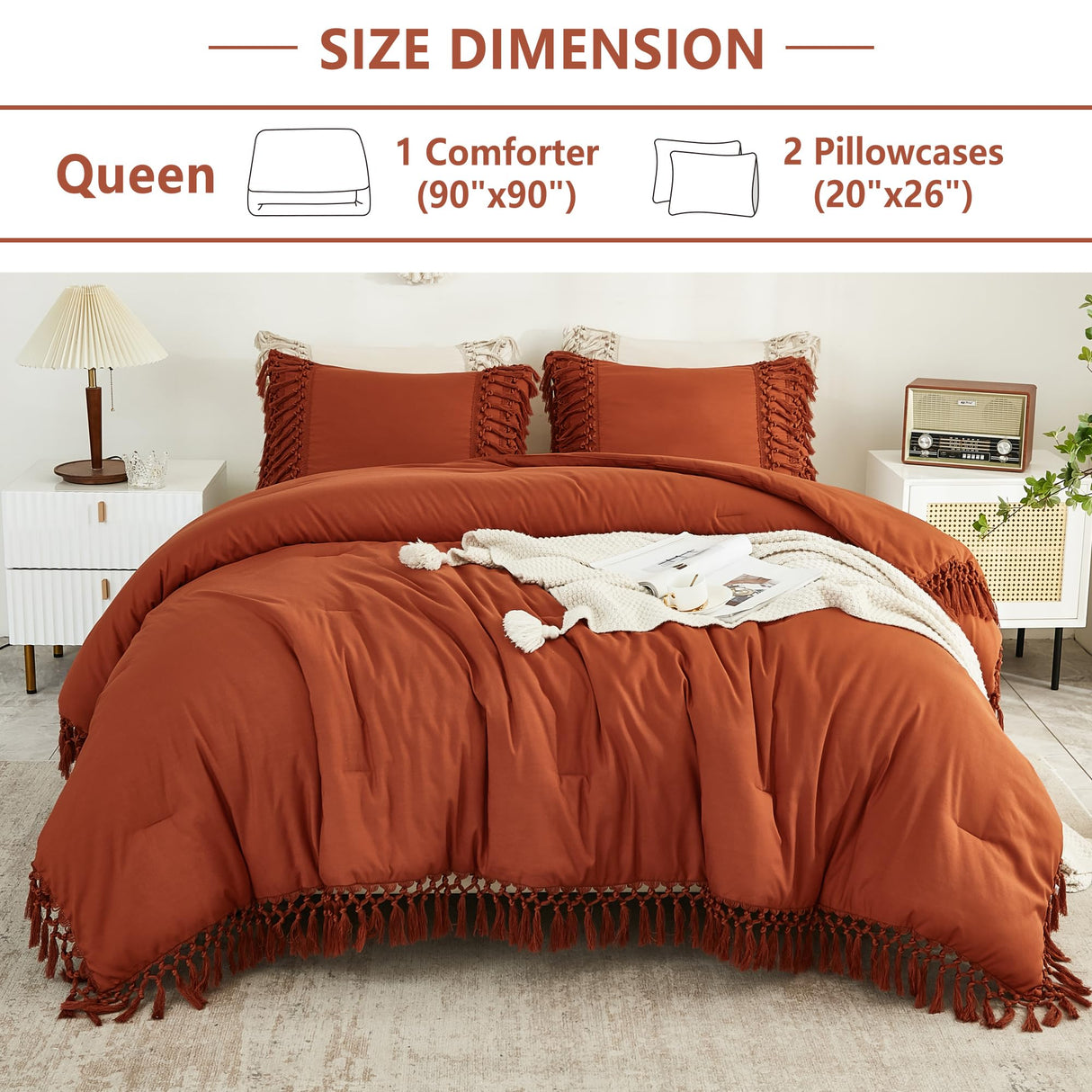Queen Comforter Set Burnt Orange, 3 Pieces Boho Terracotta Lightweight Fall Bedding