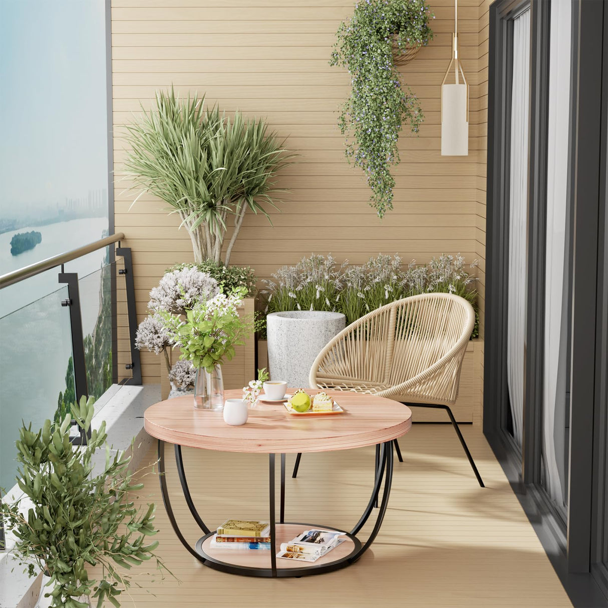 31.5" Round Coffee Table, 2-Tier Coffee Tables for Living Room