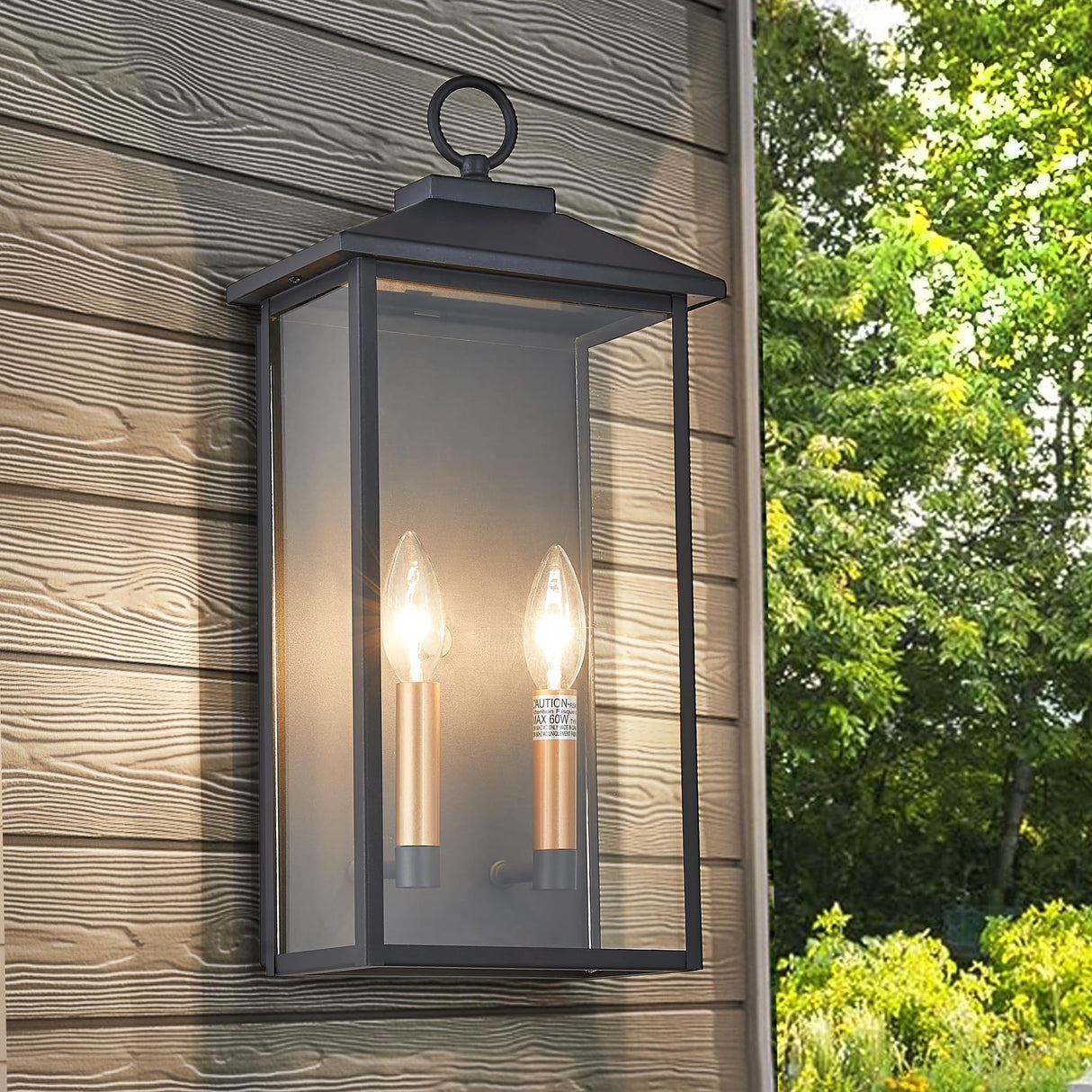 18 Inch Wall Light in Clear Glass and Textured Black and Golden Candle Cap Sleeve