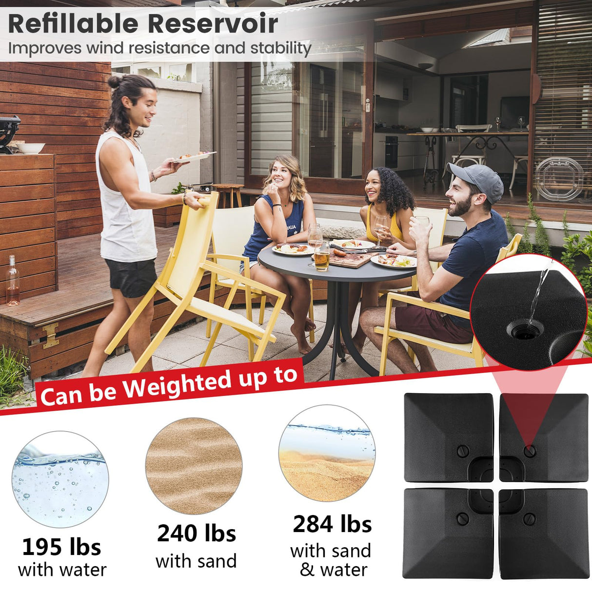 Giantex 284 lbs Fillable Offset Patio Umbrella Base, 4PCS Umbrella Stand Water Sand Weight for Cantilever Umbrella, Easy-Filling Spouts, Outdoor Market Umbrella Base Holder for Garden Yard Poolside