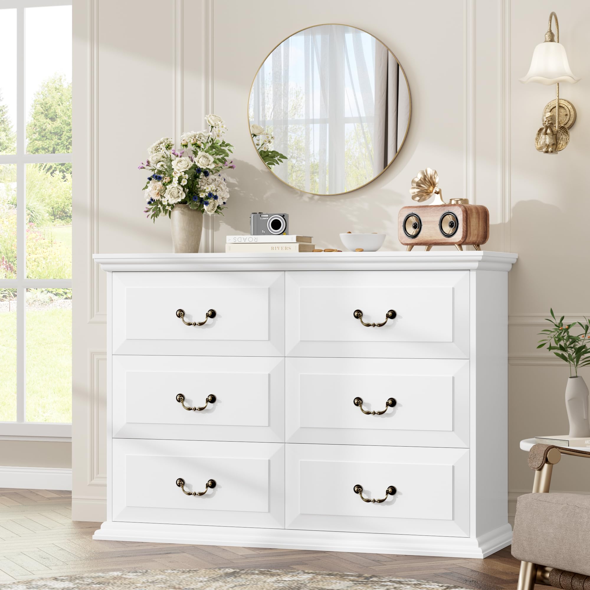Dresser for Bedroom, White Dresser with 6 Drawers, Rustic 6 Drawer Dresser