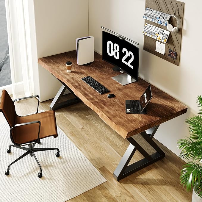 Solid Wood Computer Desk,Rustic Style 55-inch Large Office Desk- Modern Gaming