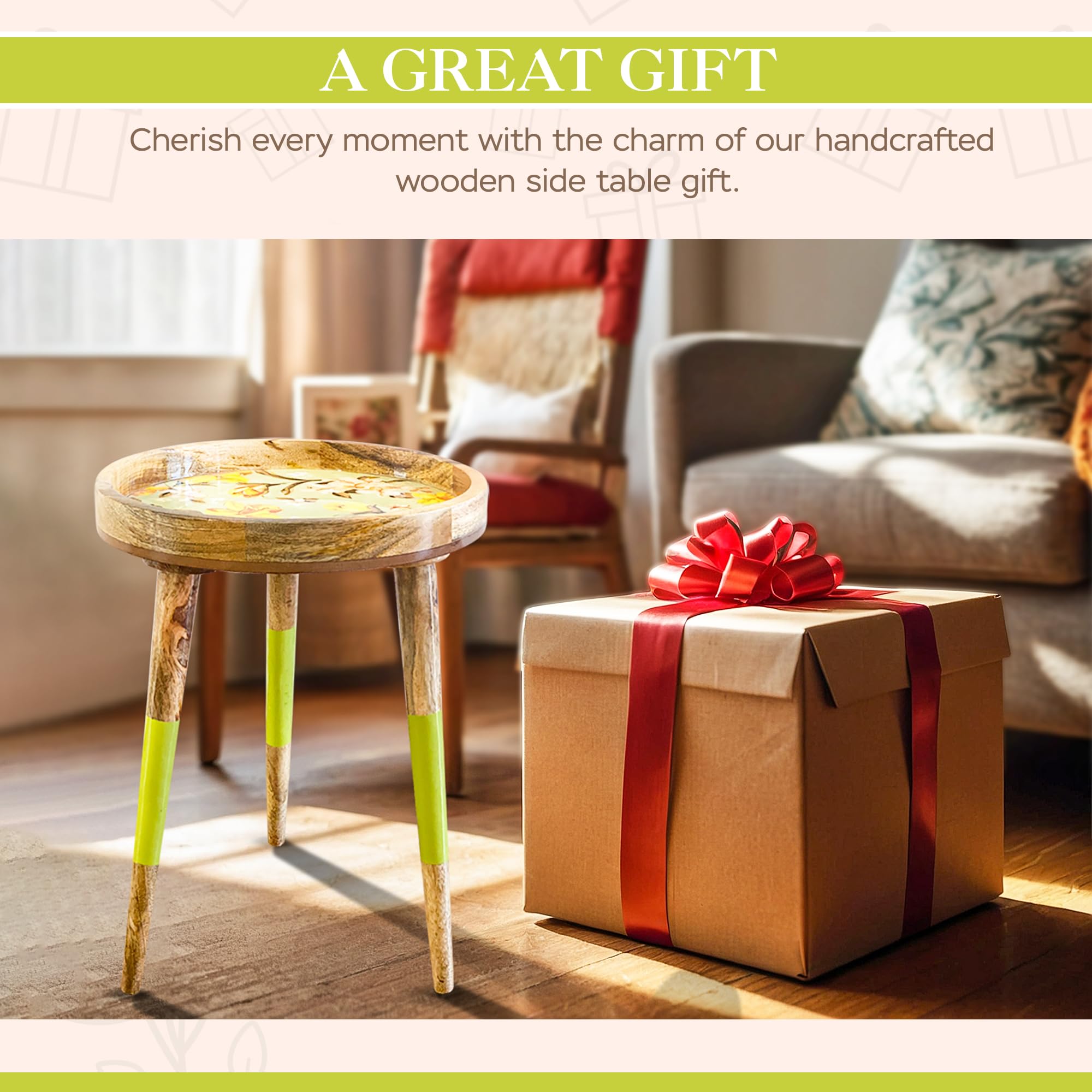 Round wooden side table, end table for living room, bedside, center table