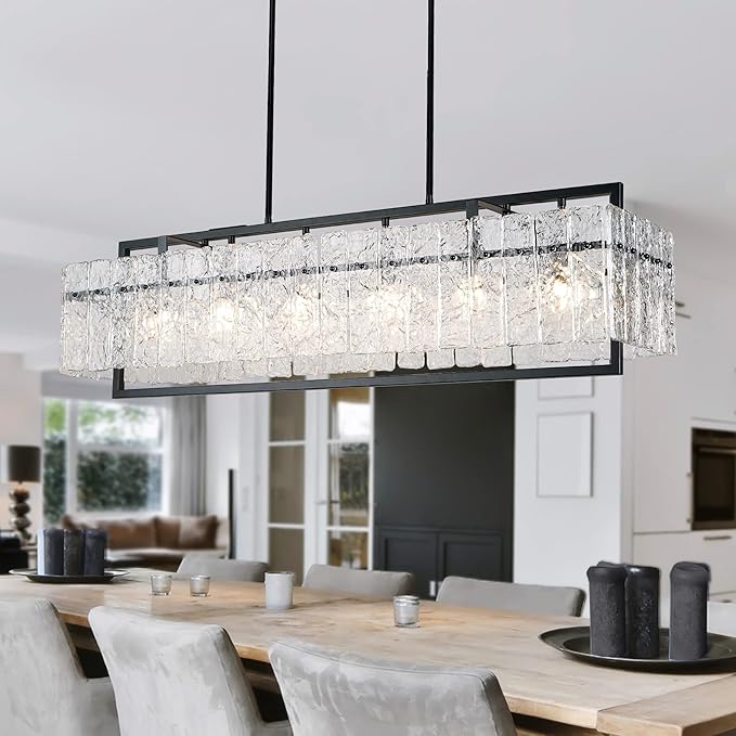 Modern Black Crystal Chandeliers for Dining Room, Luxury Water Ripple Glass Light Fixture