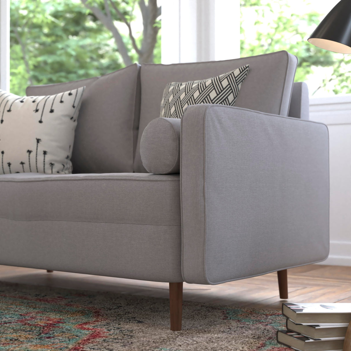 Hudson Mid-Century Modern Loveseat - Slate Gray Faux Linen Upholstery - Buttonless