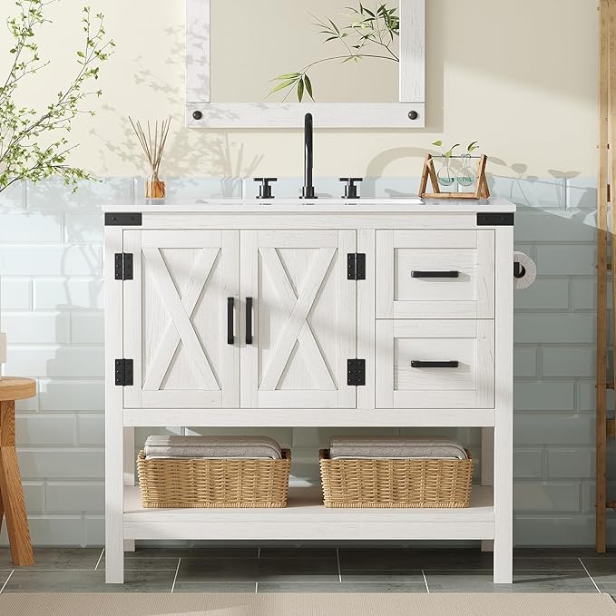 36" Farmhouse Bathroom Vanity with Sink Combo, Wood Barn Door Freestanding Small Single Bath Storage Cabinet