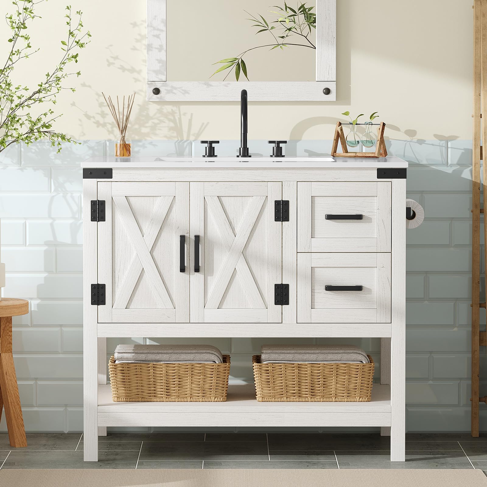 Bathroom Vanity with Sink Combo, Wood Barn Door Freestanding Small Single Bath Storage Cabinet Set