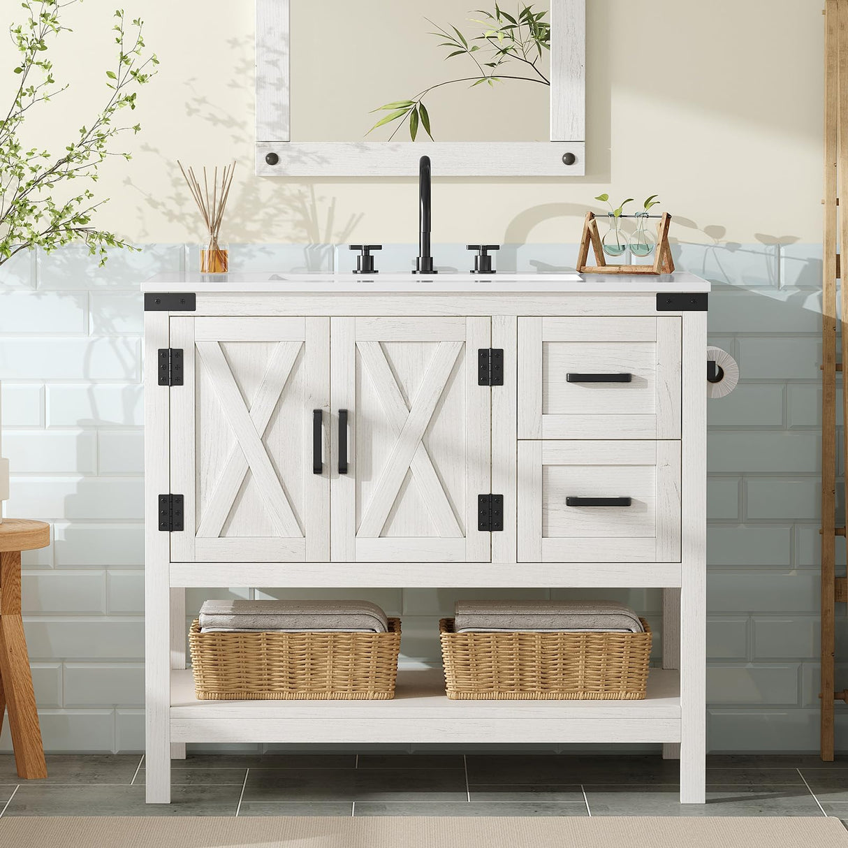 Bathroom Vanity with Sink Combo, Wood Barn Door Freestanding Small Single Bath Storage Cabinet Set