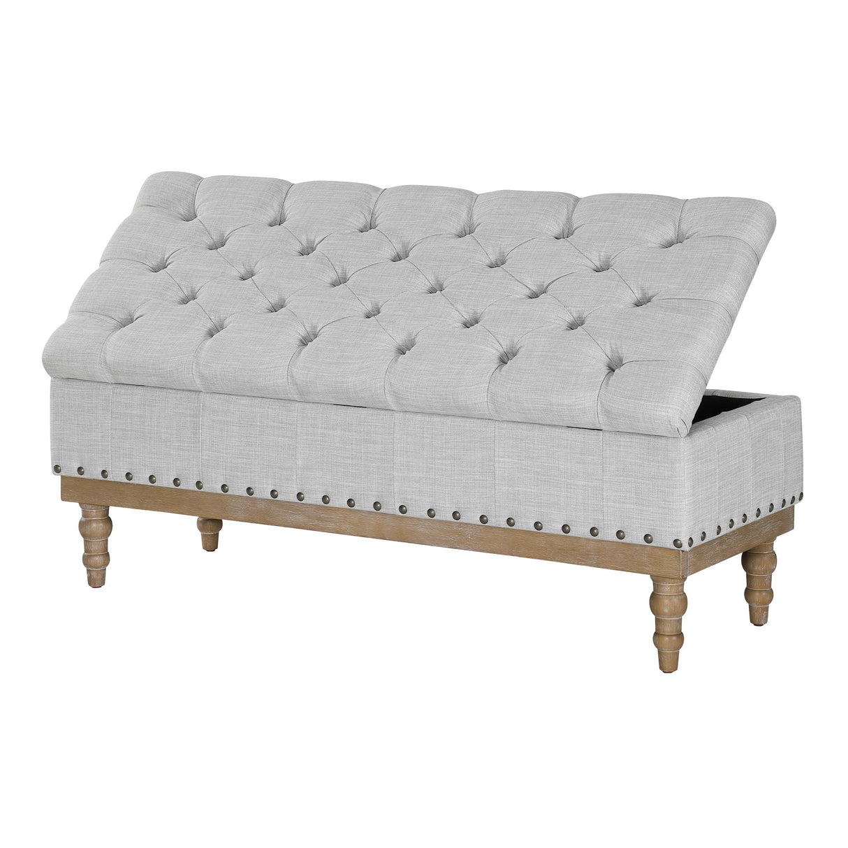 Landis Button Tufted Padded Top Storage Bench with Brushed Legs, Dove Grey Fabric